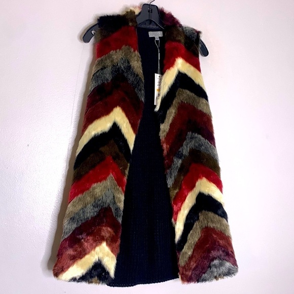 Joseph A Jackets & Blazers - Chevron Faux Fur Bohemian 70s Glam Rock Long Vest Small Women new with tags
